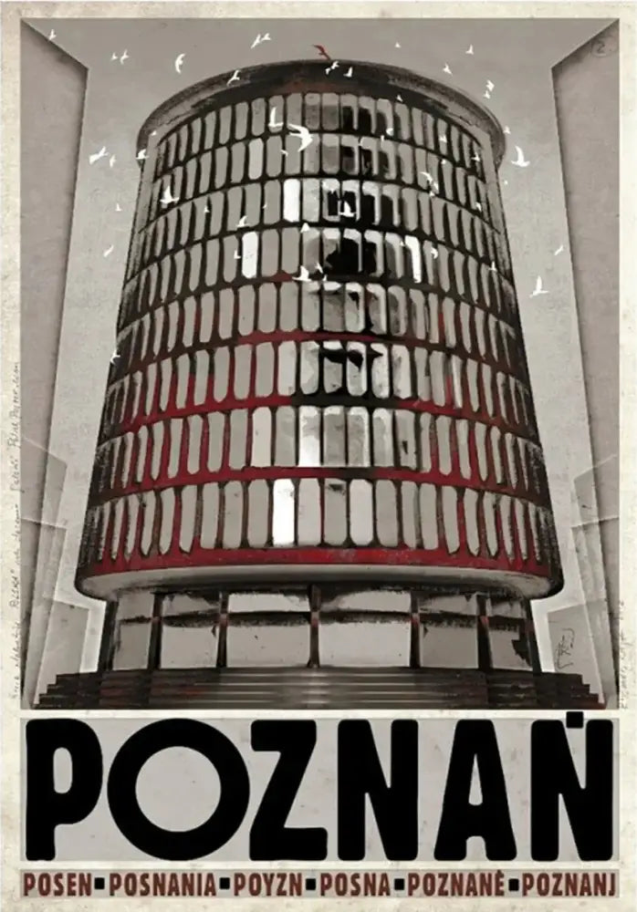 Decorbites™ poland city landmarks canvas wall art featuring a stylized cylindrical building with red bands and windows