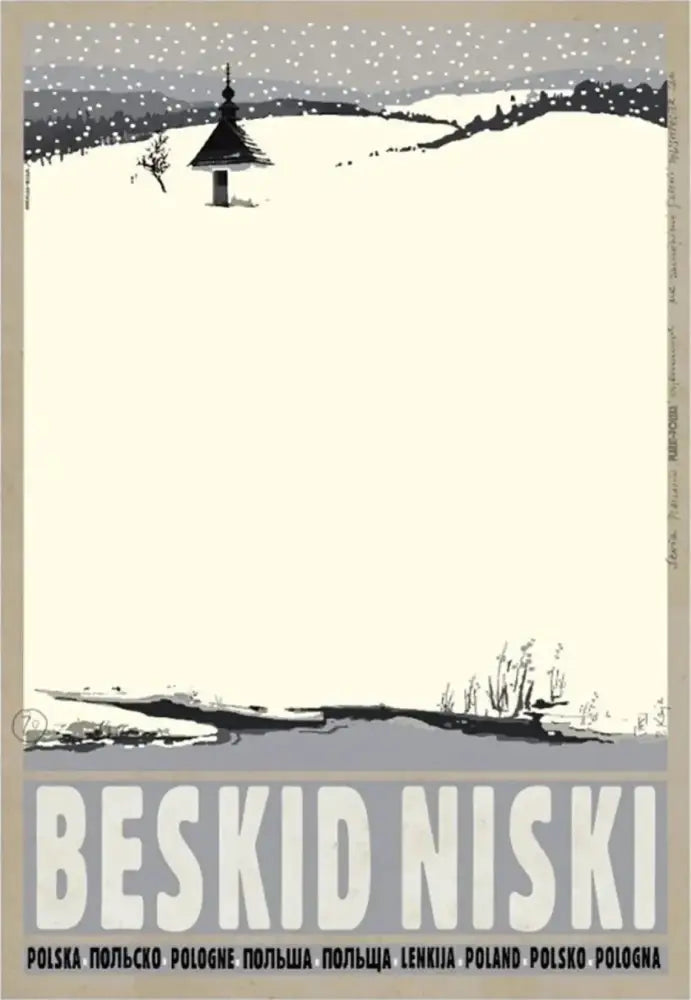 Vintage-style black and white canvas wall art of beskid niski snow-covered landscape with chapel poland city landmarks