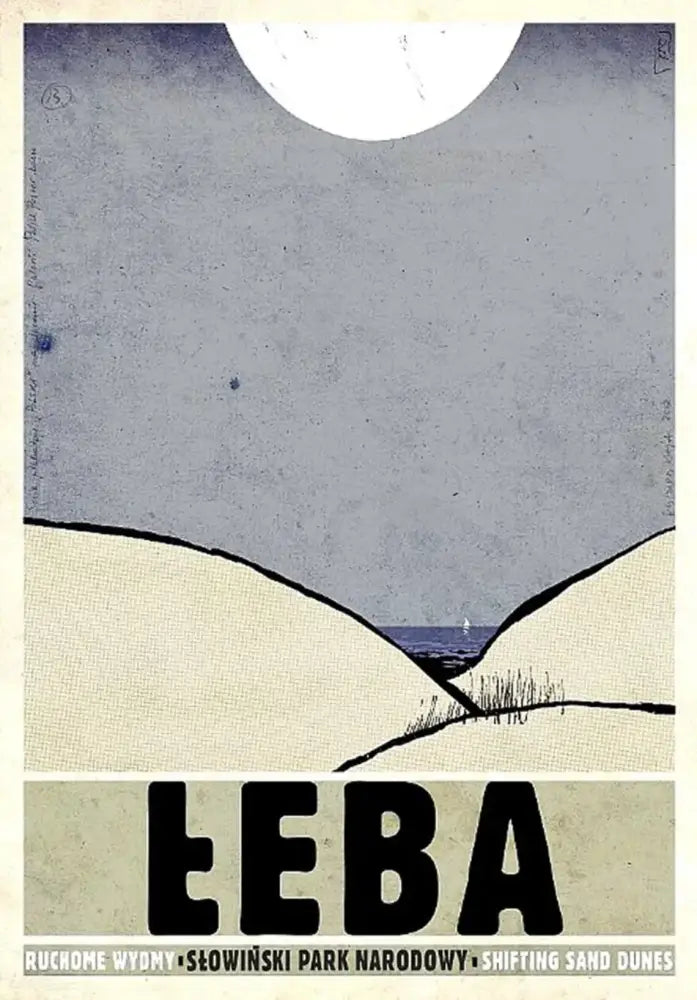 Vintage style poland city vintage canvas prints featuring minimalist sand dunes and large white moon with bold łeba text
