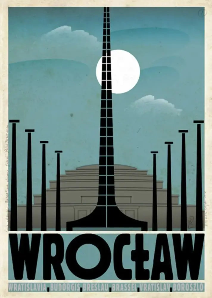 Stylized black and gray illustration of wrocław tower on teal sky canvas prints from decorbites™ poland city vintage posters