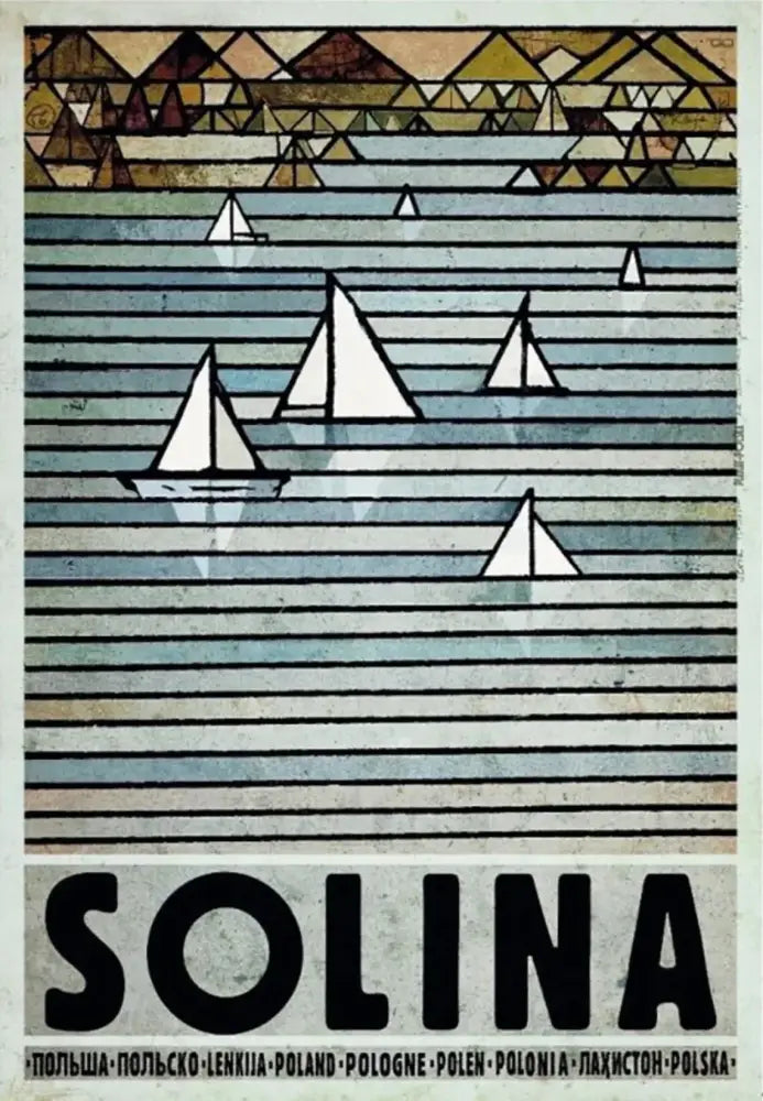 Stylized canvas print of poland city vintage poster with geometric mountains and sailboats in muted blues and browns