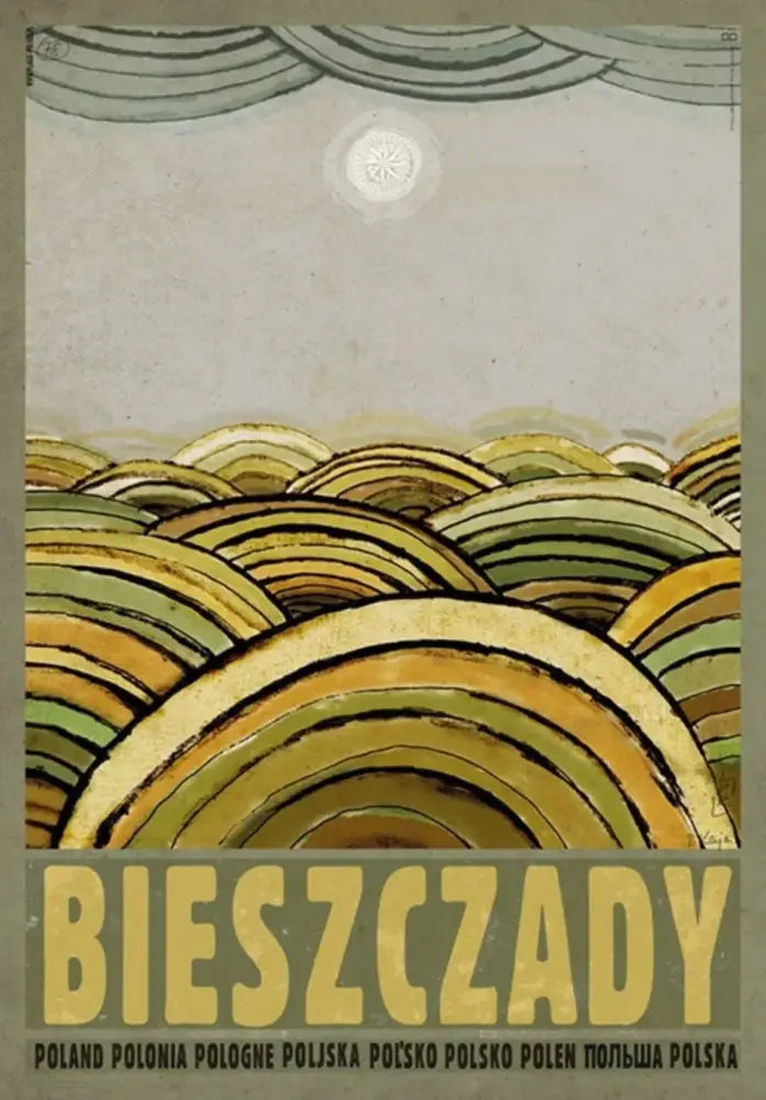 Vintage-style posters canvas wall art by DecorBites featuring poland city Bieszczady hills in earthy greens and yellows