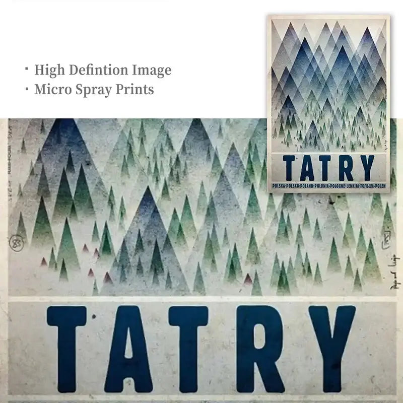 Vintage-style posters canvas wall art featuring stylized blue and green Tatry mountains for Poland city decor