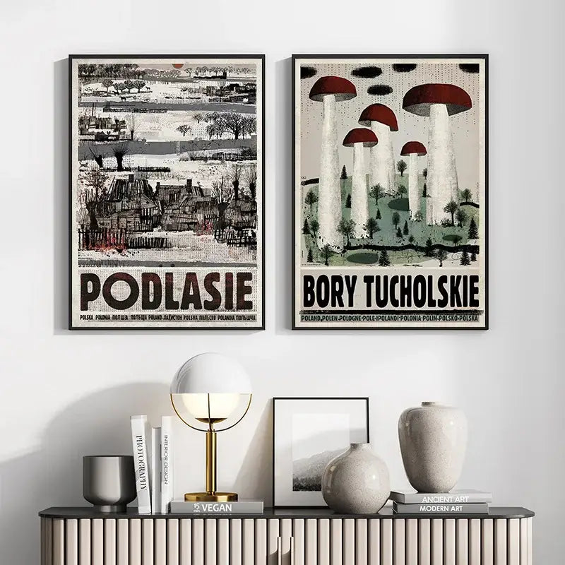 Two framed vintage-style poland city posters canvas featuring podlasie rural scene and bory tucholskie mushrooms