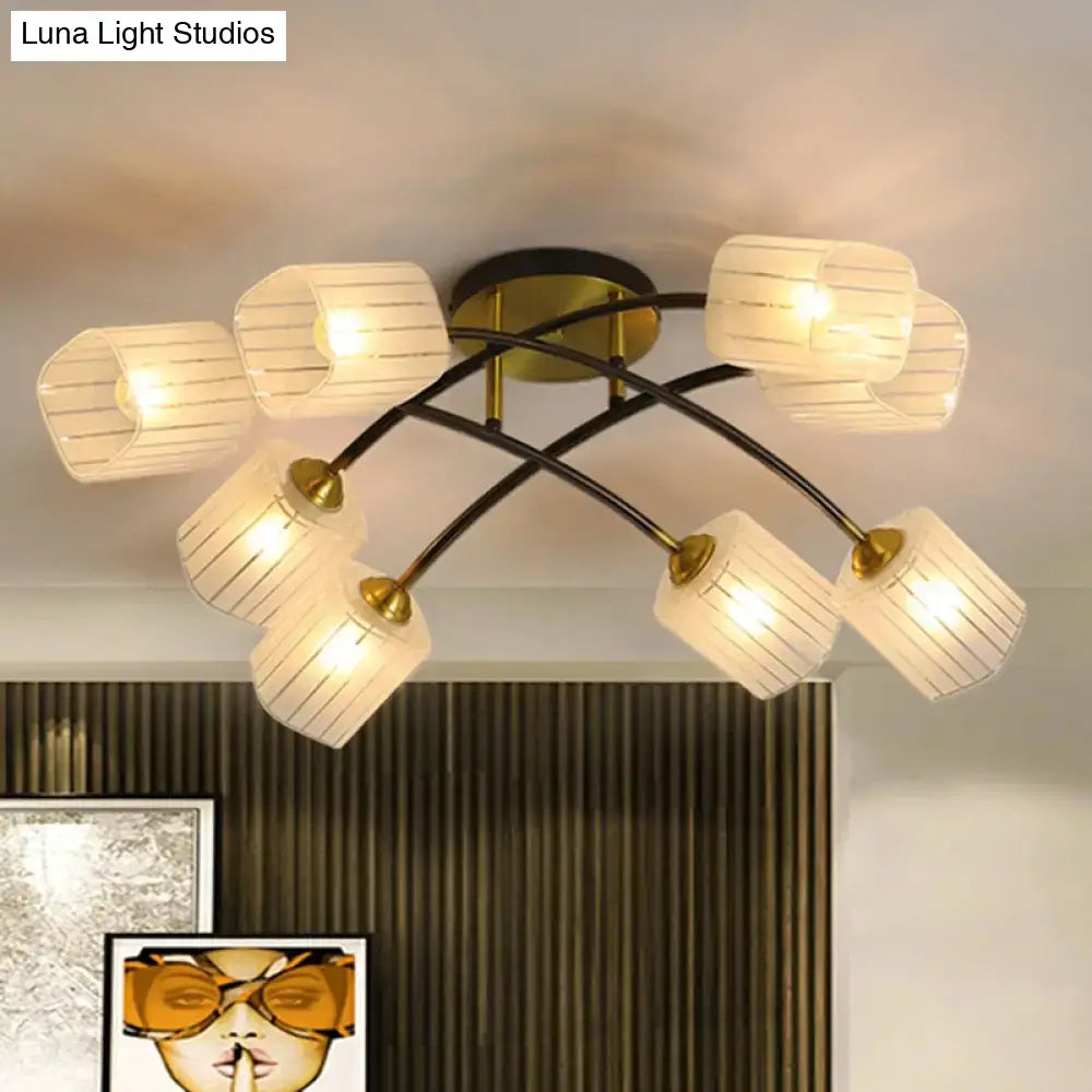 DecorBites™ post modern brass semi-flush mount ceiling light with eight frosted glass shades and black curved arms