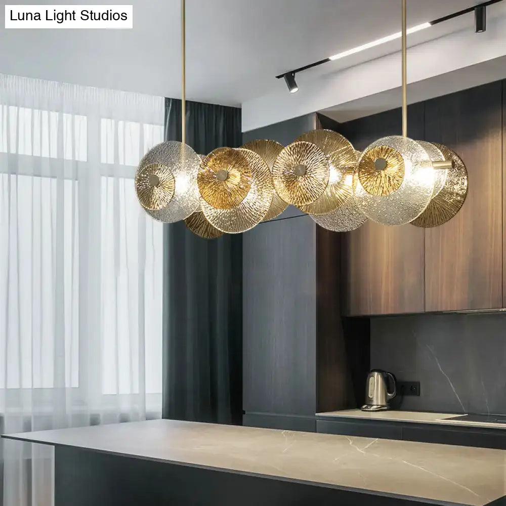 DecorBites™ Postmodern Disc Textured Glass Island Lighting: 4-Light Brass Suspension Light for Dinner