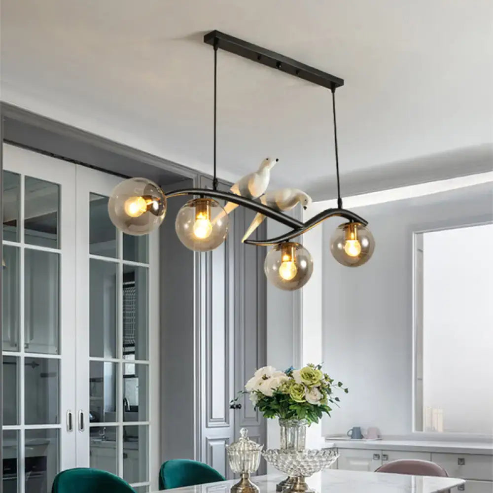 DecorBites™ Postmodern Island Lamp Tree Branch Hanging Light with Glass Shades and Bird Deco – 4-Bulb Design