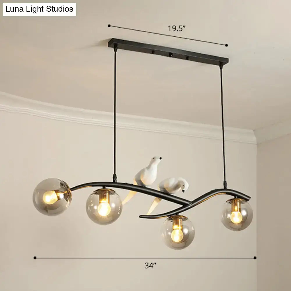 DecorBites™ Postmodern Island Lamp Tree Branch Hanging Light with Glass Shades and Bird Deco – 4-Bulb Design