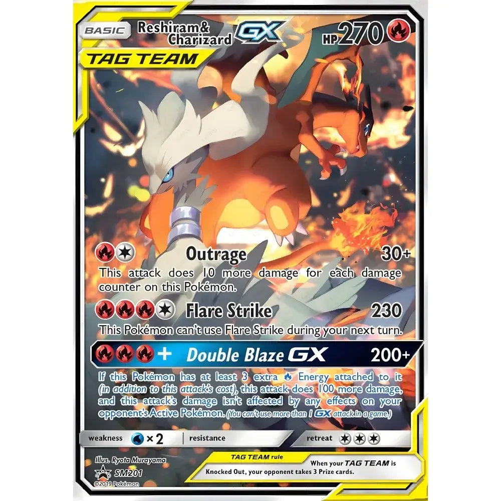 This japanese anime charizard cartoon card features reshiram and charizard in a fiery tag team battle scene