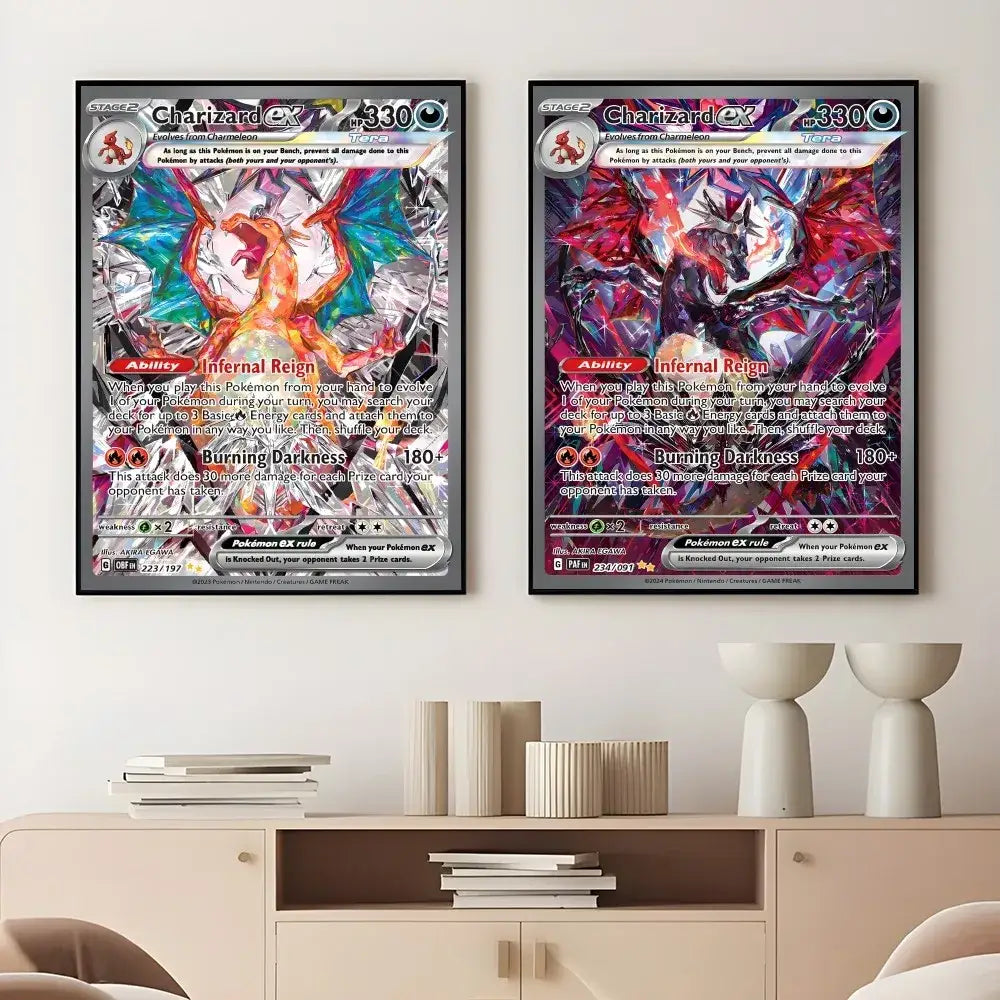 Two framed pokémon ex charizard trading card posters with vibrant metallic colors and detailed japanese anime artwork