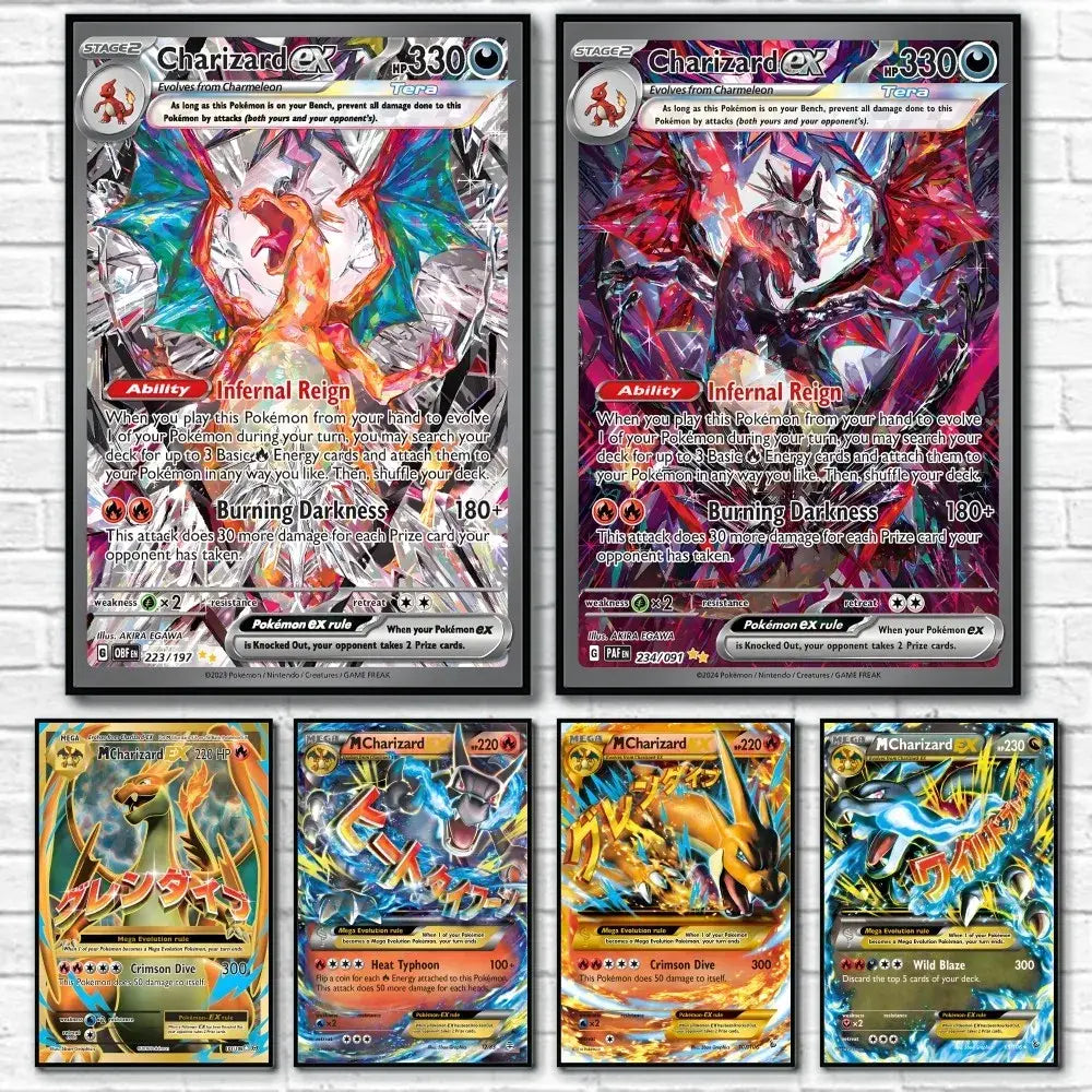 Two framed pokémon trading cards featuring charizard cartoon card with vibrant fiery artwork and metallic foil accents decorbites japanese anime poster decoration art