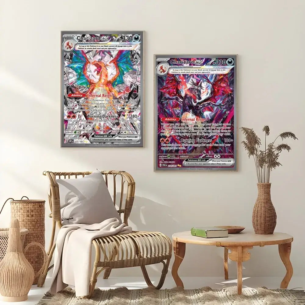 Two framed japanese anime charizard cartoon posters with vibrant blue orange and deep red purple designs for wall decor