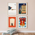 Set of four framed ratatouille cartoon art print featuring bold colors and clean lines for kitchen decor by DecorBites™