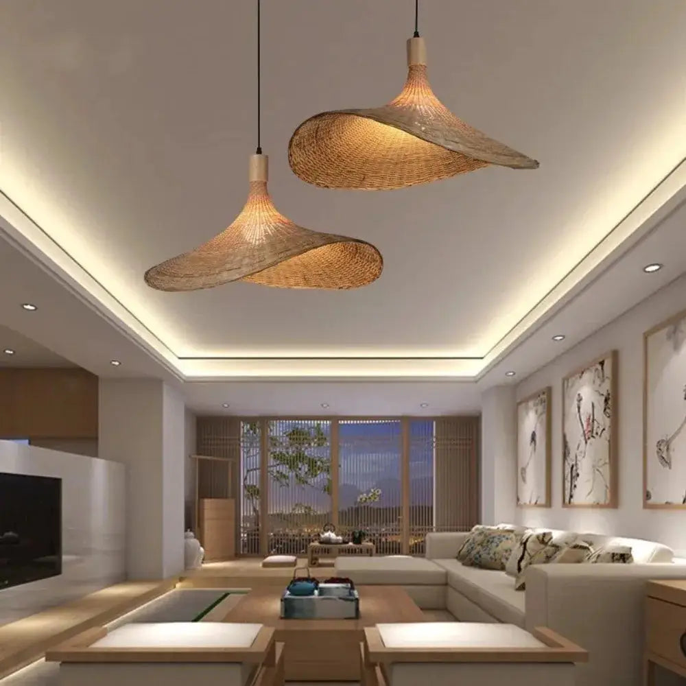 Two elegant light-brown rattan hanging lights with dimmable bamboo shades pendant light by decorbites