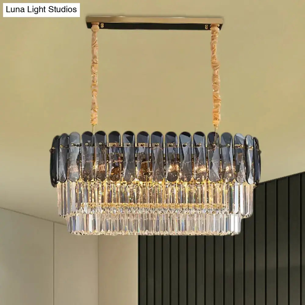 DecorBites™ Rectangular Dining Room Pendant - 3-Tier Amber/Smoke Gray Crystal Block - Contemporary Island Lamp - 12-Light