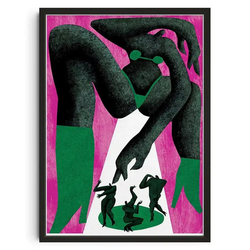DecorBites™ retro abstract canvas print with bold black and green silhouettes on vibrant pink for home decor