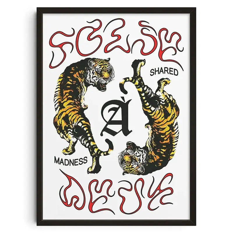 A framed DecorBites™ retro abstract canvas print depicting two stylized orange and black tigers on white background