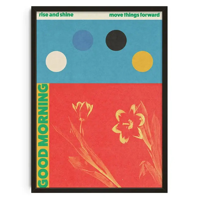 A framed decorbites™ retro abstract canvas print with bold blue red design and stylized yellow flowers for home decor
