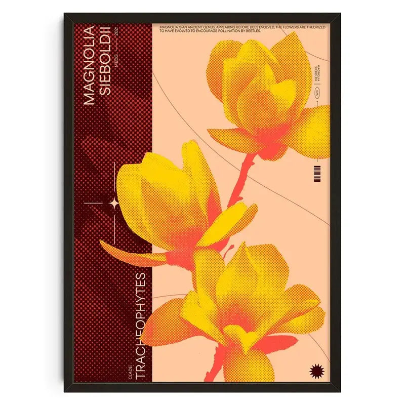 Framed DecorBites™ retro abstract canvas print featuring stylized yellow and orange magnolia flowers on peach background