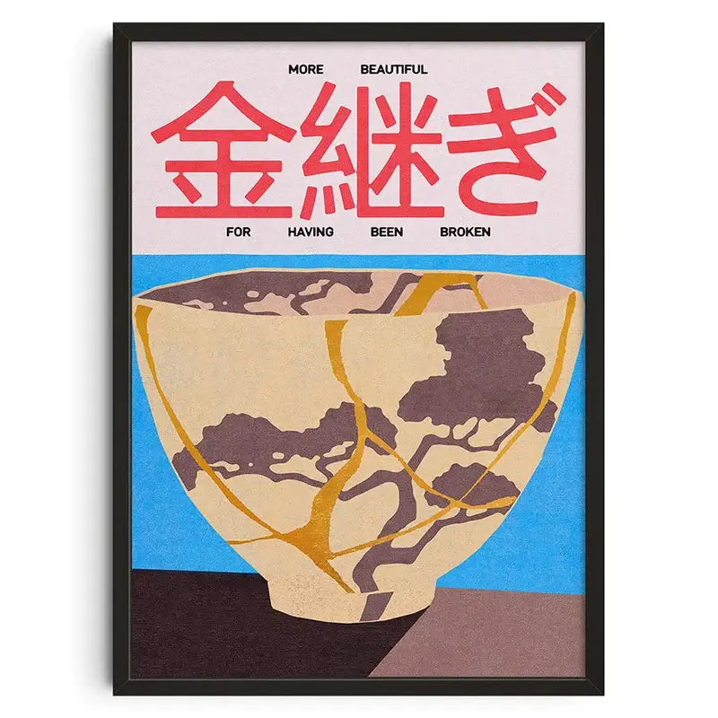 DecorBites™ retro abstract canvas print featuring a stylized ceramic bowl with gold kintsugi lines and brownish-purple patches