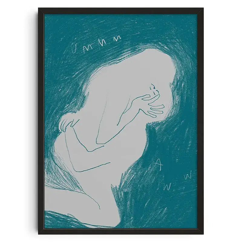 Decorbites™ retro abstract canvas print featuring teal and gray abstract line drawing with hands covering face framed in black