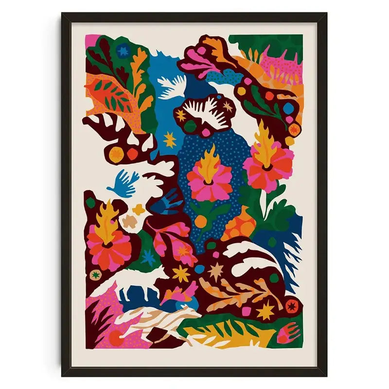 DecorBites™ retro abstract canvas print in a black frame with vibrant floral and animal motifs for home décor