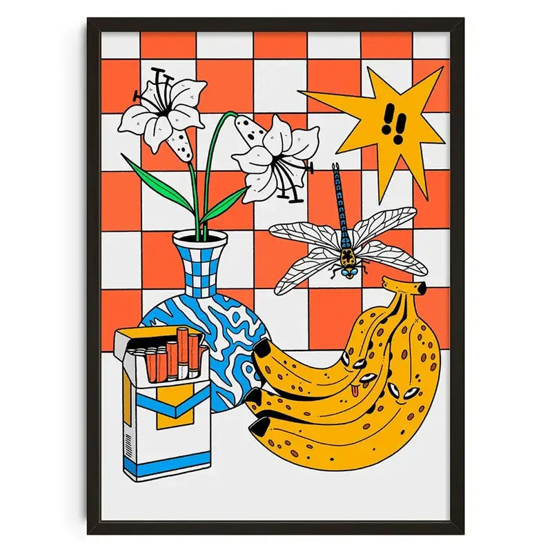 Decorbites™ retro abstract canvas print featuring a blue and white vase with white lilies on an orange checkered background