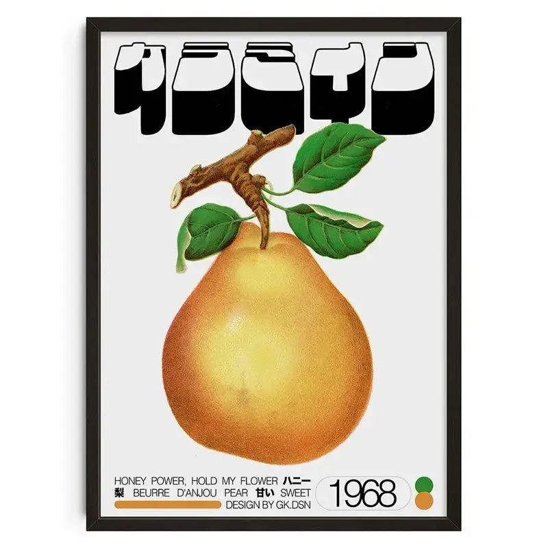 Vintage-style retro abstract canvas print featuring a golden-yellow pear with green leaves for home décor