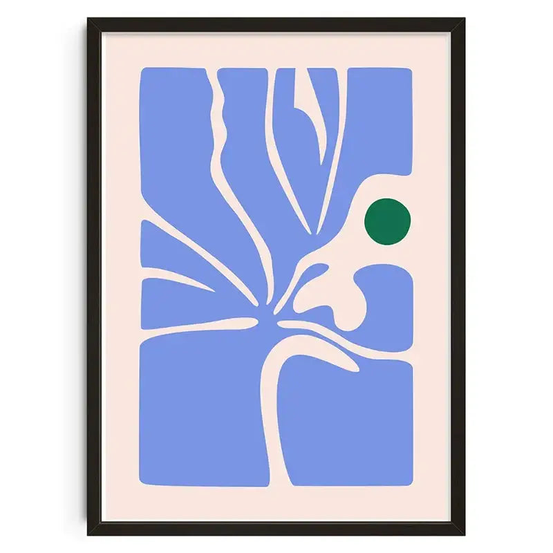 Blue abstract floral retro abstract canvas print in a black frame for modern home decor by DecorBites™