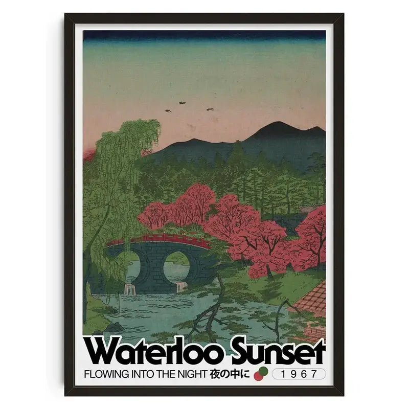 DecorBites™ retro abstract canvas print featuring a vintage Japanese landscape with cherry blossoms and mountains