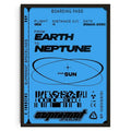 Blue framed canvas print wall art featuring retro abstract boarding pass design from earth to neptune by supremat spacelines