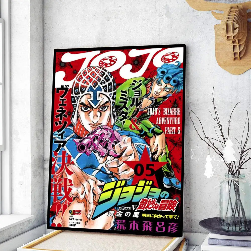 A vibrant red and black framed jojo’s bizarre adventure poster featuring dynamic colorful character illustrations and bold japanese text