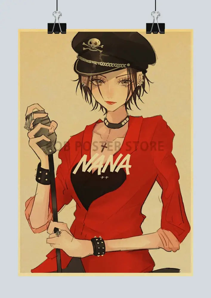 Decorbites™ retro anime nana kraft poster featuring a red and black design with a character in a skull cap holding a cane