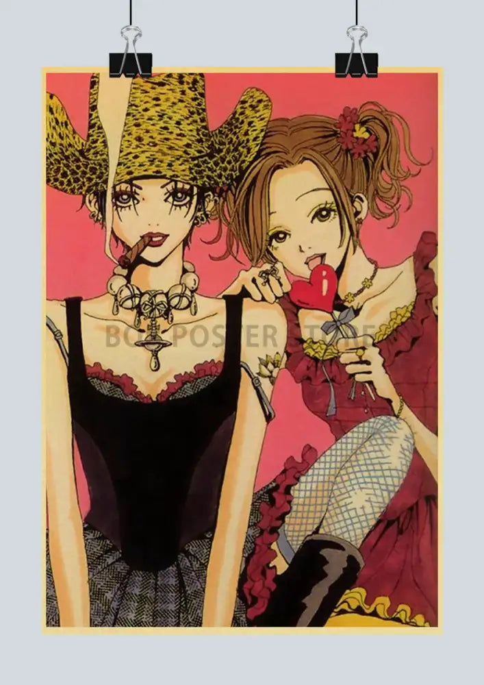 A vibrant retro anime nana poster set featuring two stylized female characters on kraft paper for nostalgic decor