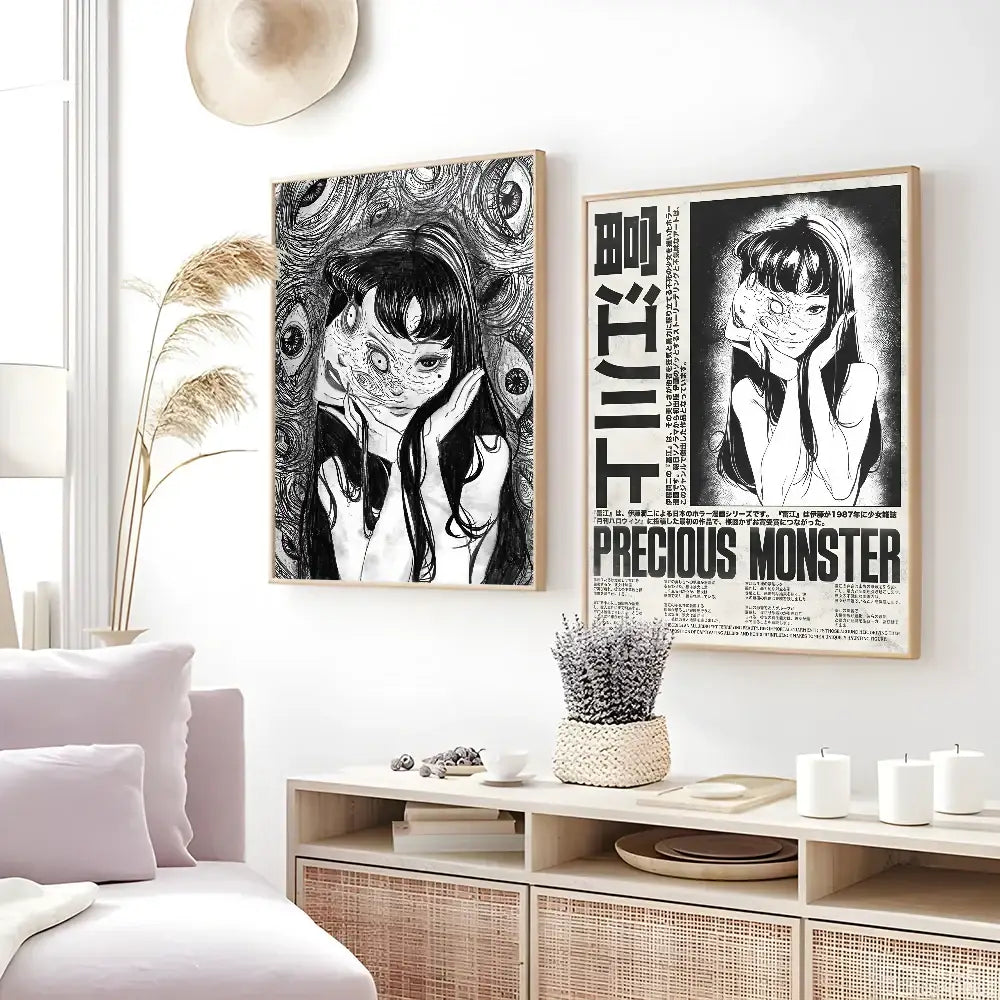 Two framed black-and-white decorbites™ retro cool girl art prints featuring anime-style portraits and japanese text on white wall
