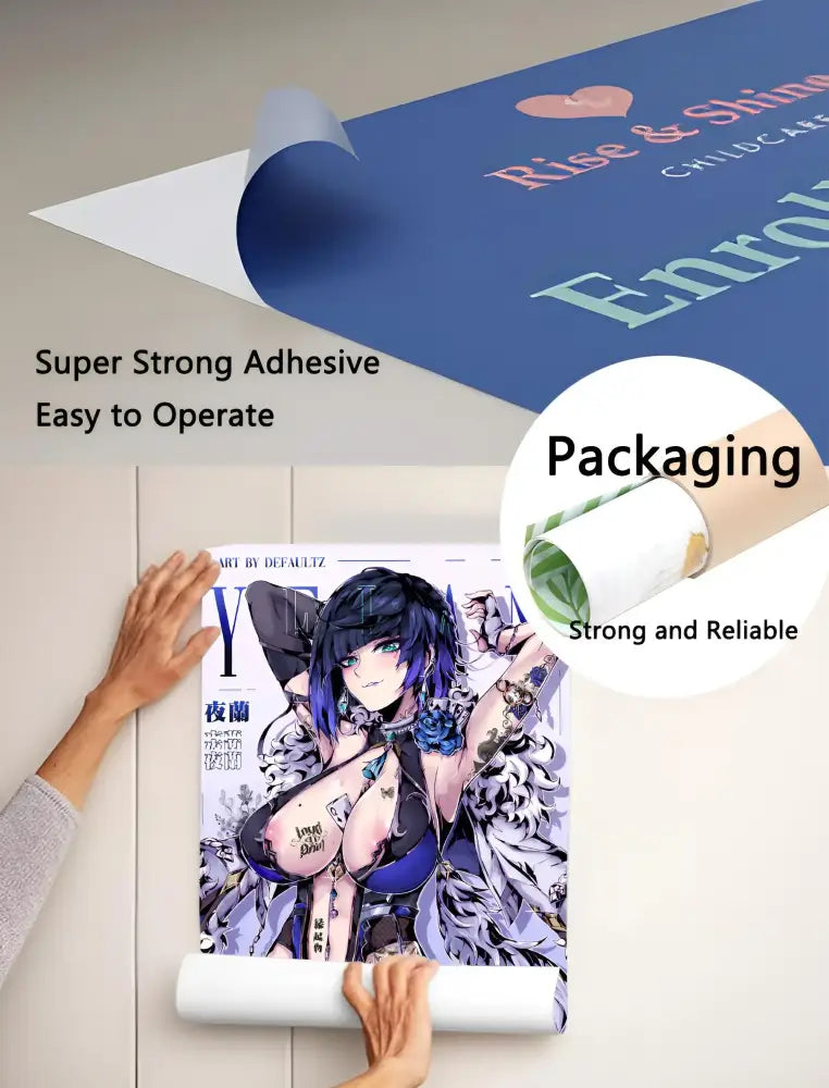 A vibrant decorbites retro cool girl poster featuring a cool girl with long dark blue hair and tattoos on glossy paper