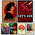 Set of six framed retro cowboy bebop anime posters with vibrant red orange black blue green and yellow colors for home decor