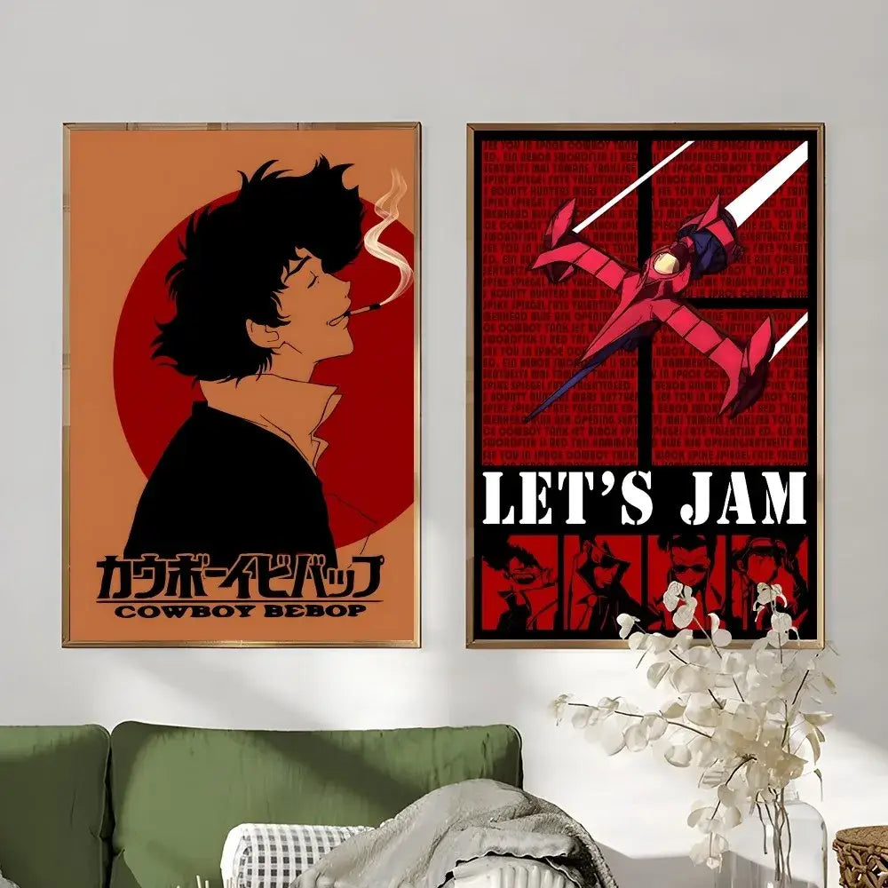 Two framed retro cowboy bebop anime posters featuring a black silhouette and a red mecha design for home decor