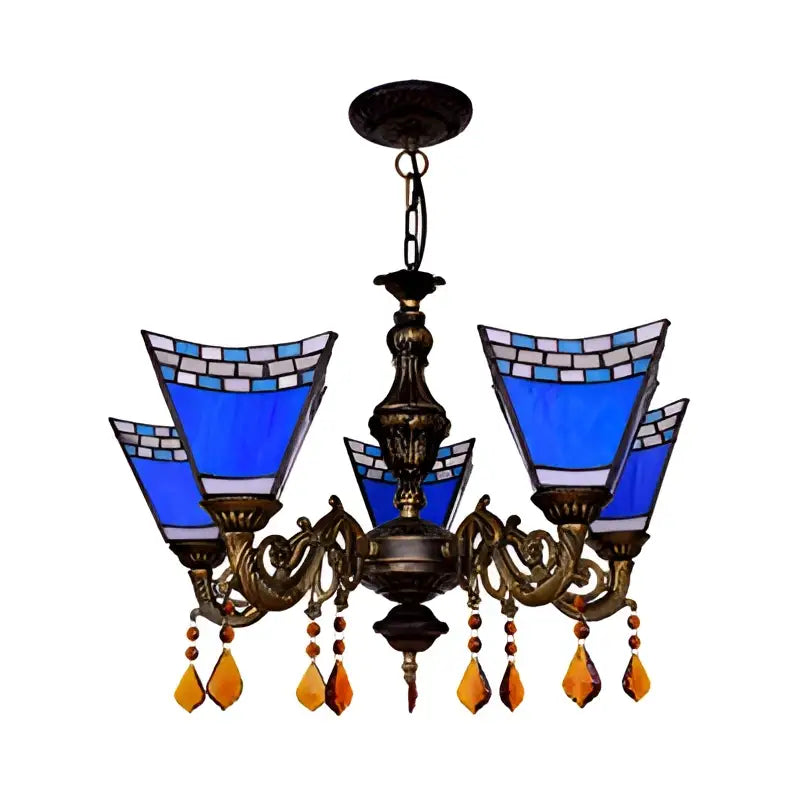 DecorBites™ Retro Geometric Stained Glass Chandelier with Crystal Pendants - 5 Bulbs in Yellow/Blue for Bedroom