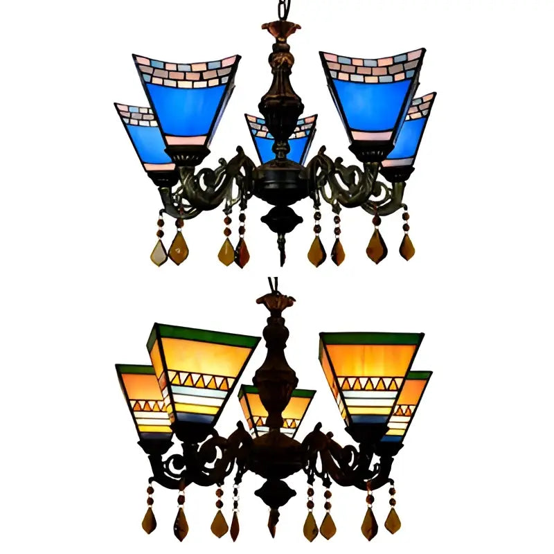DecorBites™ Retro Geometric Stained Glass Chandelier with Crystal Pendants - 5 Bulbs in Yellow/Blue for Bedroom
