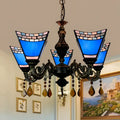 DecorBites™ Retro Geometric Stained Glass Chandelier with Crystal Pendants - 5 Bulbs in Yellow/Blue for Bedroom