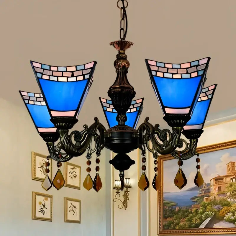 DecorBites™ Retro Geometric Stained Glass Chandelier with Crystal Pendants - 5 Bulbs in Yellow/Blue for Bedroom