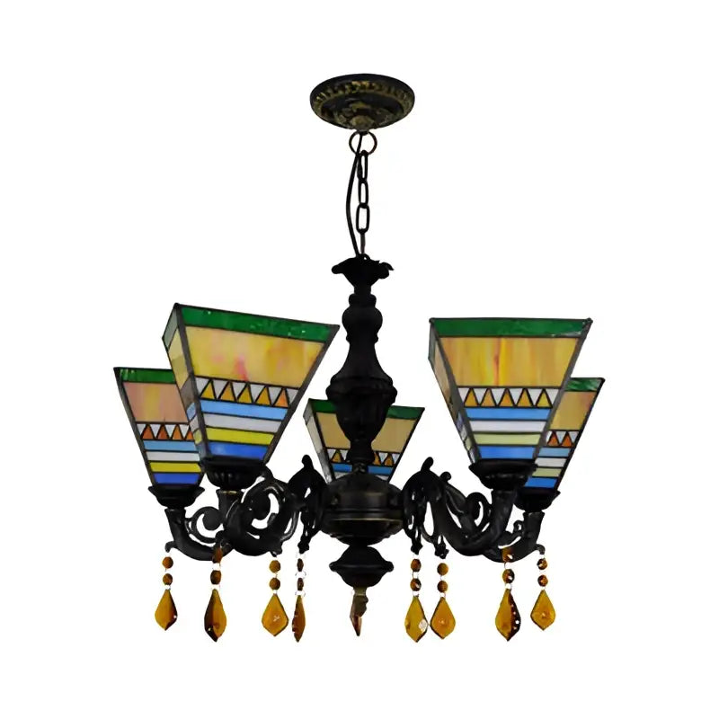 DecorBites™ Retro Geometric Stained Glass Chandelier with Crystal Pendants - 5 Bulbs in Yellow/Blue for Bedroom