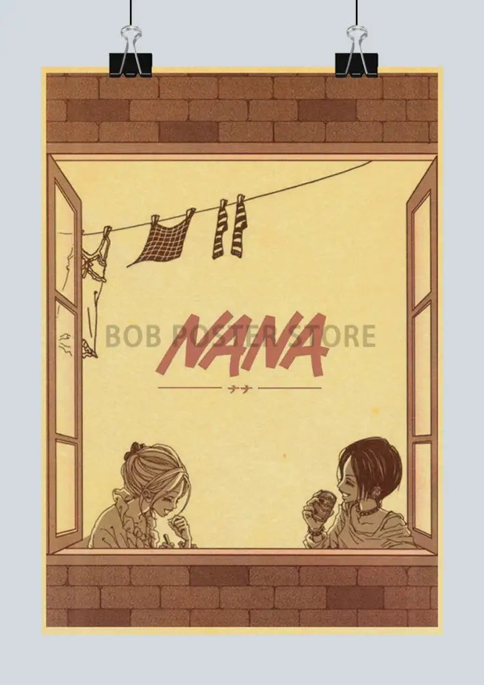 Vintage-style retro japan anime nana poster set featuring bold red lettering and two characters by a window with laundry