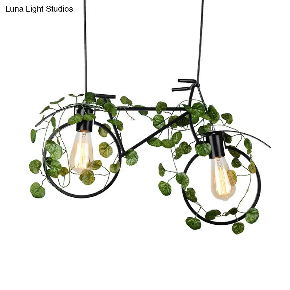DecorBites™ Retro Metal Bicycle Restaurant Ceiling Light with 2 Black Drop Lamp Heads and Plant Decor