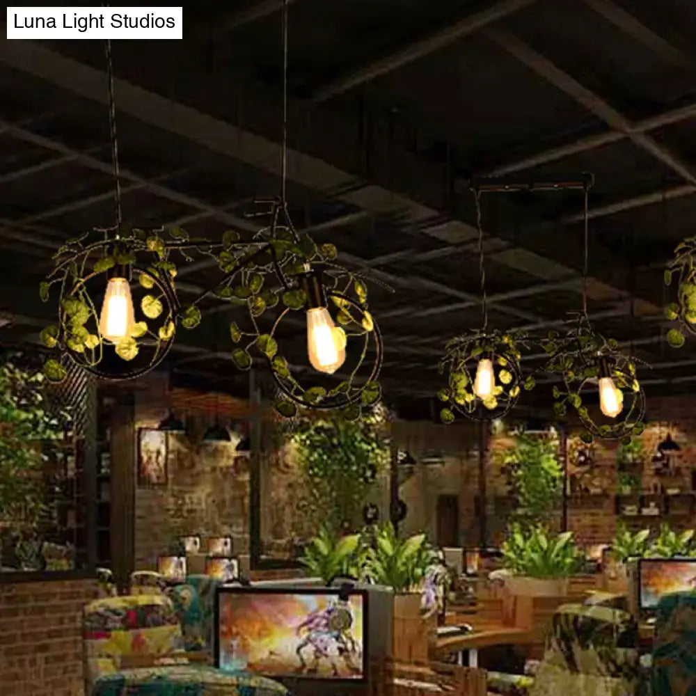 DecorBites™ Retro Metal Bicycle Restaurant Ceiling Light with 2 Black Drop Lamp Heads and Plant Decor