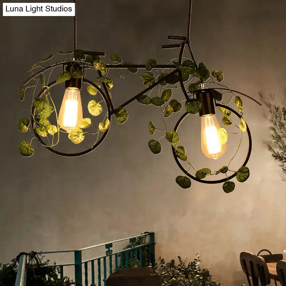 DecorBites™ Retro Metal Bicycle Restaurant Ceiling Light with 2 Black Drop Lamp Heads and Plant Decor