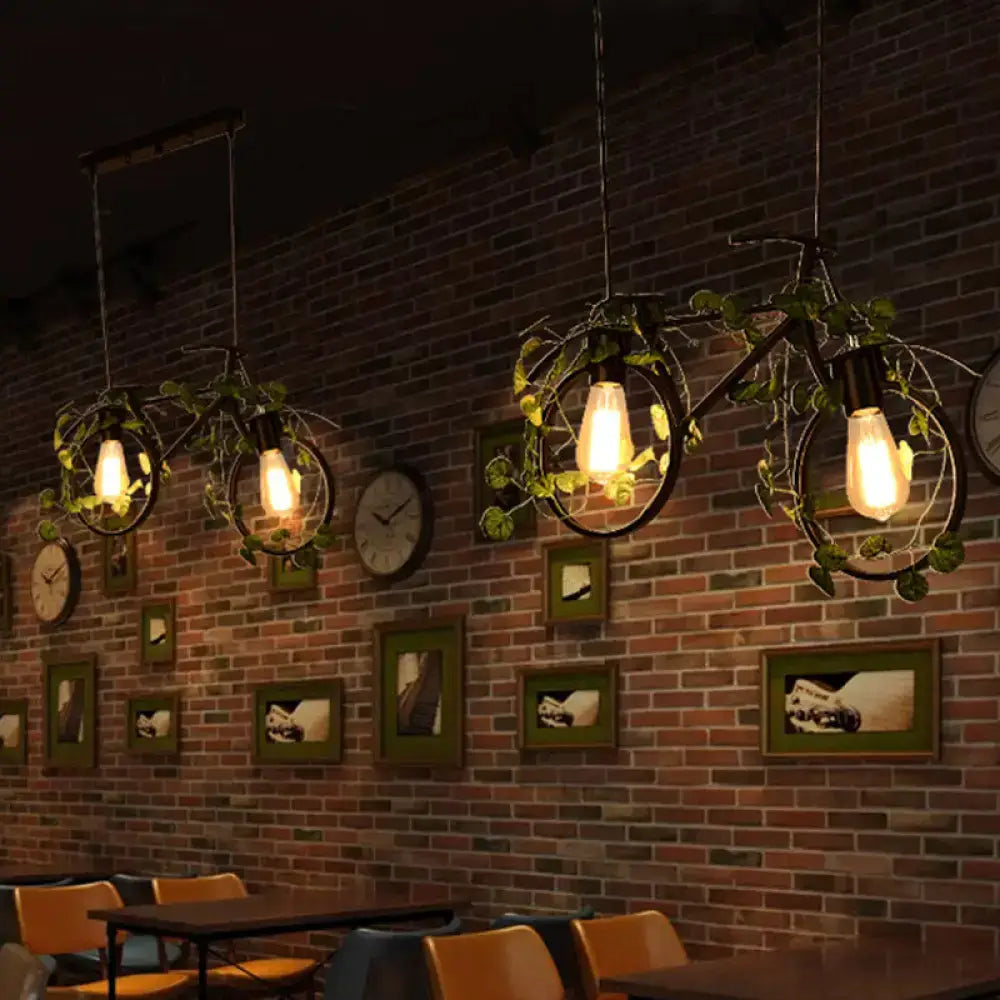 DecorBites™ Retro Metal Bicycle Restaurant Ceiling Light with 2 Black Drop Lamp Heads and Plant Decor