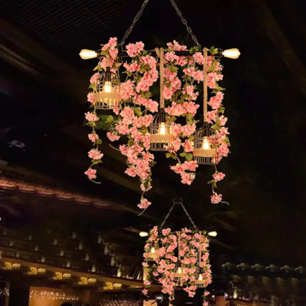 وحدة إضاءة جزرية معدنية ريترو DecorBites™ بخمس فروع من الزهور/النباتات باللونين الوردي/الأخضر للمطاعم