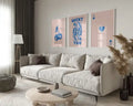 Beige upholstered sectional sofa with dark brown throw pillows beside decorbites™ retro queen of hearts wall art set with hearts canvas paintings
